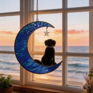 Stained Glass Dog & Moon Suncatcher – Sunset Sky Window Hanging | Cozy Decor for Pet Lovers | Mother's Day Gift